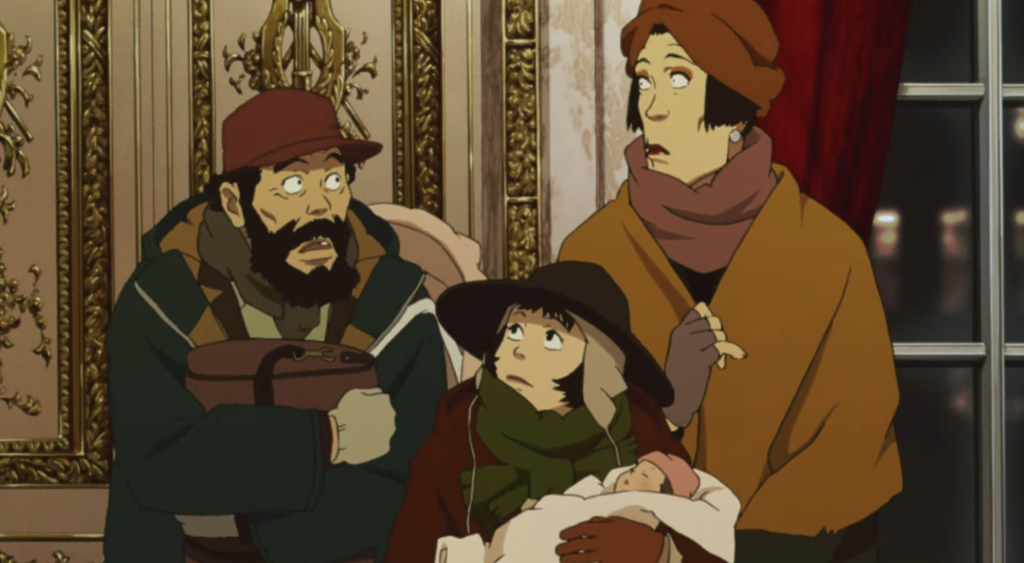 Gin, Hana, and Miyuki stare at each other with the newborn baby in their arms in tokyo godfathers