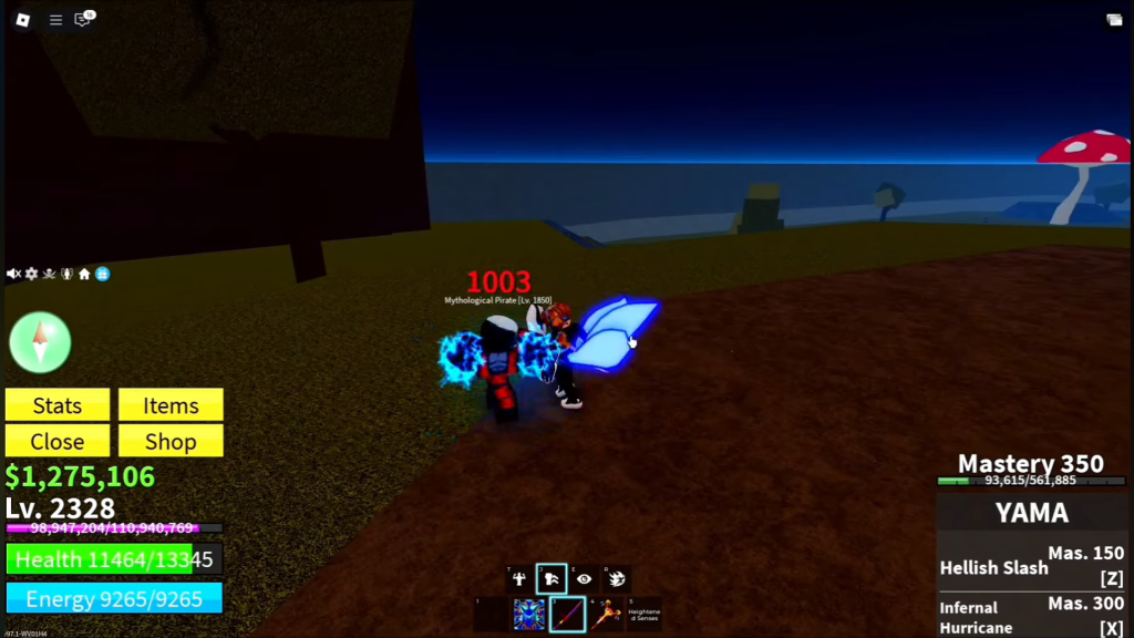 Receiving damage from enemies in Blox Fruits.