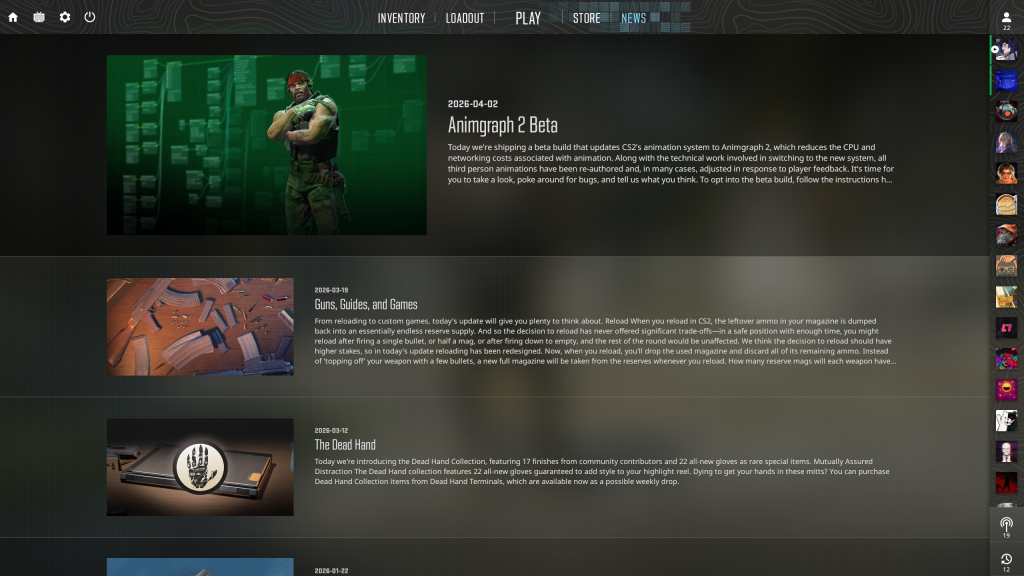 Counter-Strike 2 in-game screenshot showing the "Animgraph 2 Beta" information inside the News menu.