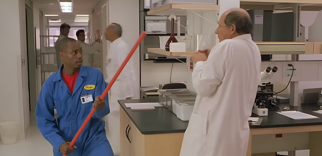 Dave Chapelle in Half Baked working as a janitor who got scared of the scientist