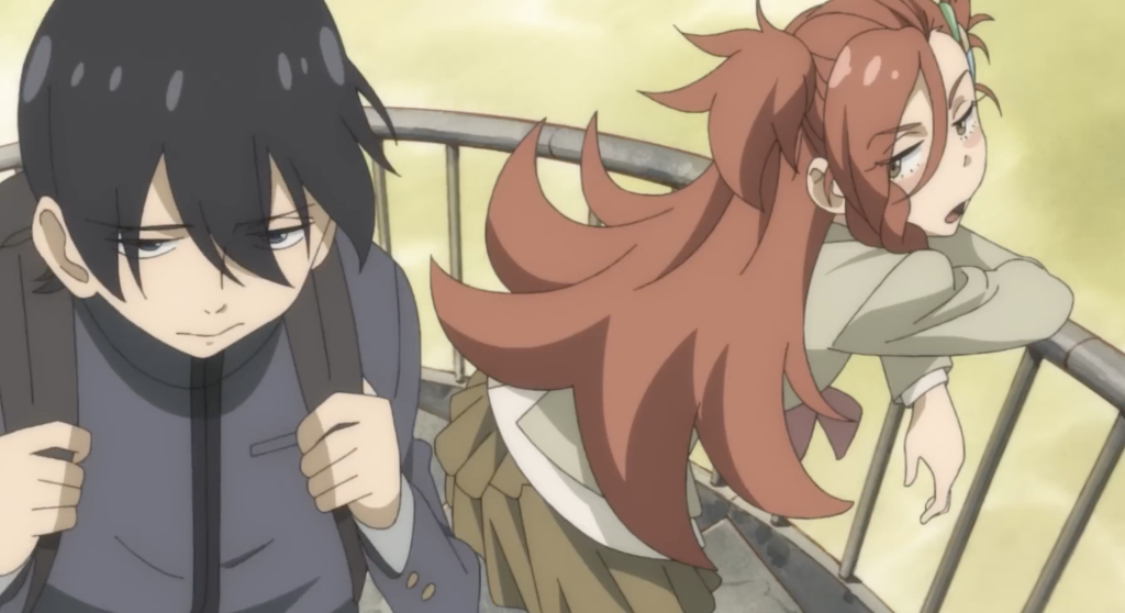 masaki is leaning on the staircase railing and harumi is thinking hard to himself in FLCL Grunge And Shoegaze