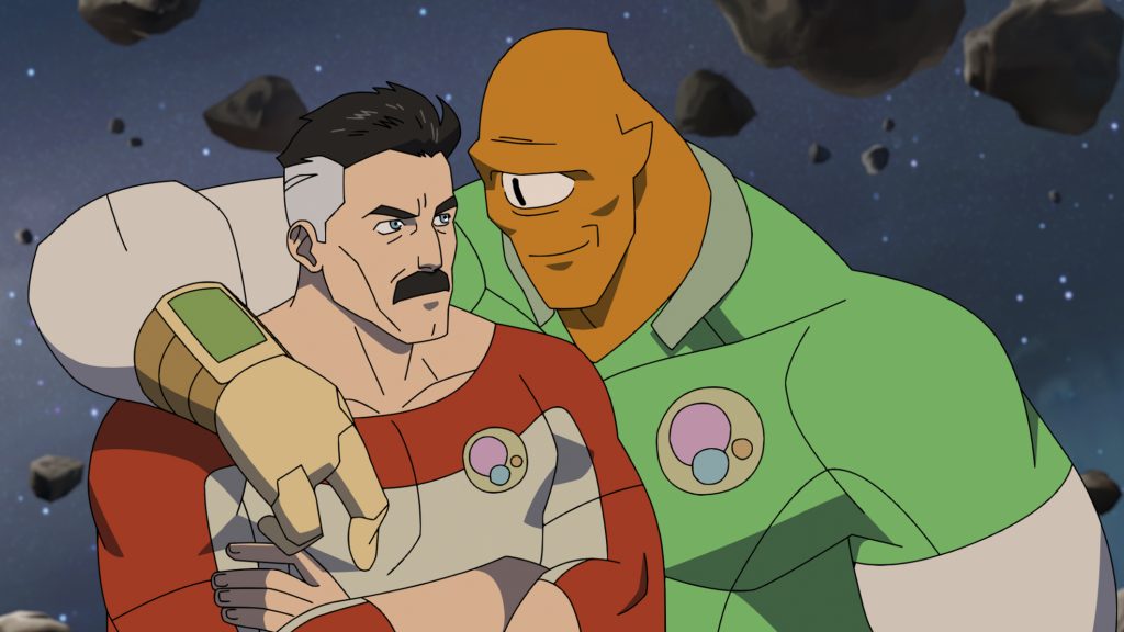 Omni-Man (JK Simmons) and Allen The Alien (Seth Rogen) in Invincible.