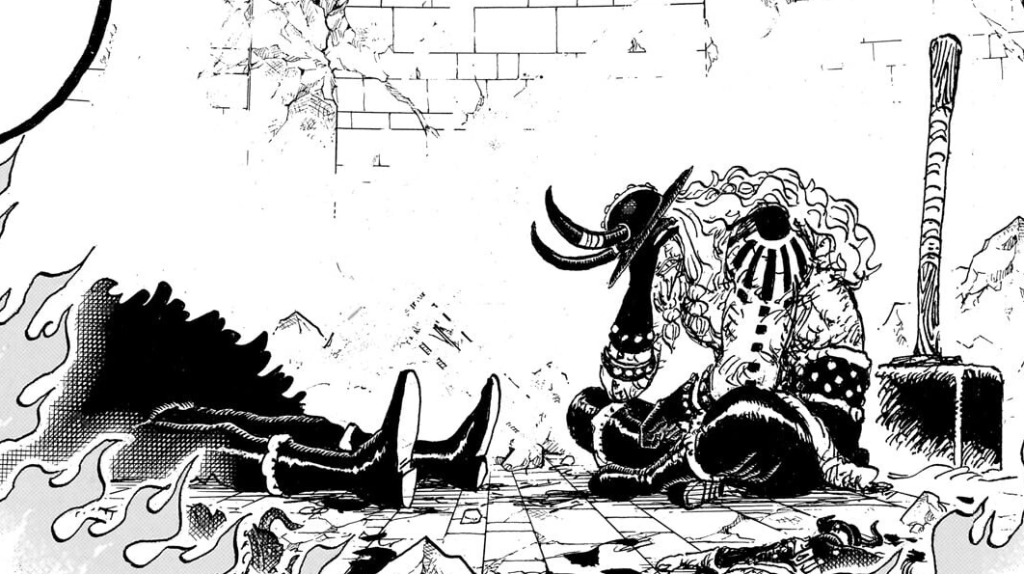 Loki sitting beside the body of his father, King Harald in One Piece. 
