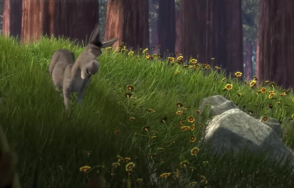 Donkey appreciating a boulder in Shrek