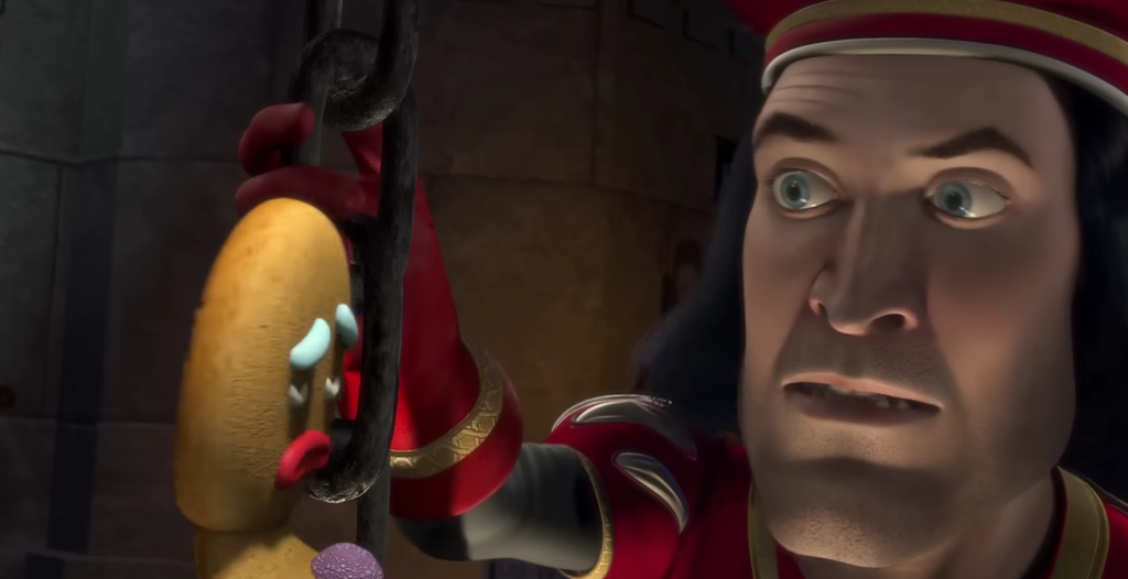 Lord Farquaad listening to Gingy talk about the Muffin Man in Shrek
