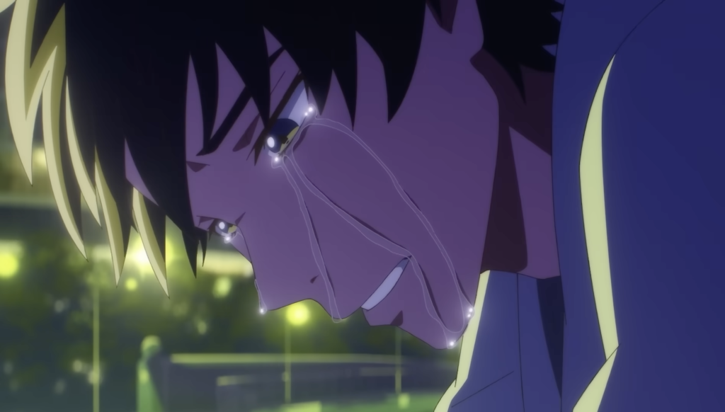 koichi crying outside bankart museum after learning kayumi tried to keep him on the project but the boss didn't agree in eren the southpaw episode 3