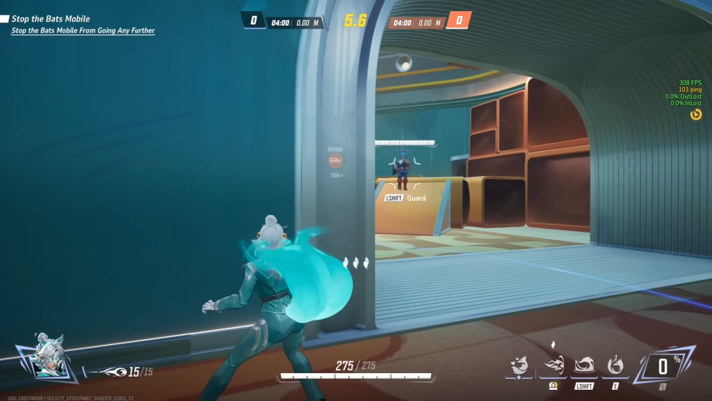 Marvel Rivals gameplay screenshot showing a small, almost discernible dot crosshair for White Fox.