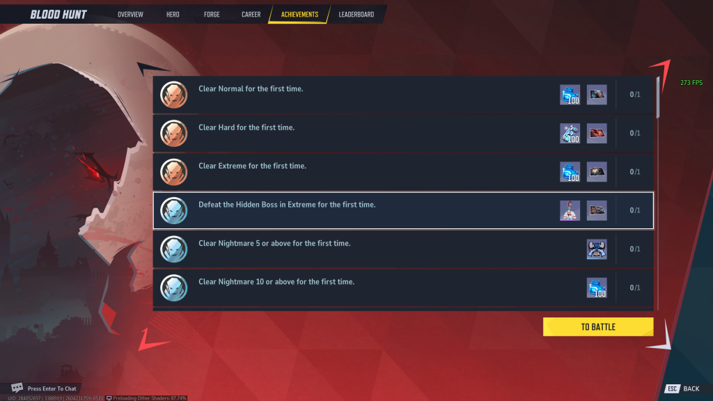 Marvel Rivals in-game screenshot showing the achievements in the Blood Hunt PvE game mode.