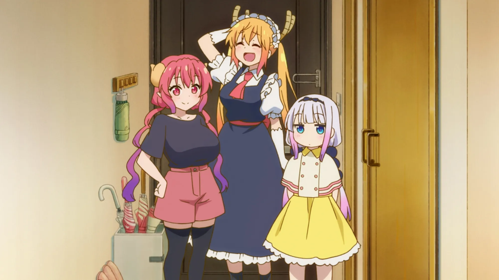 Ilulu, Tohru, and Kanna Kamui from the anime and manga series Miss Kobayashi's Dragon Maid. 
