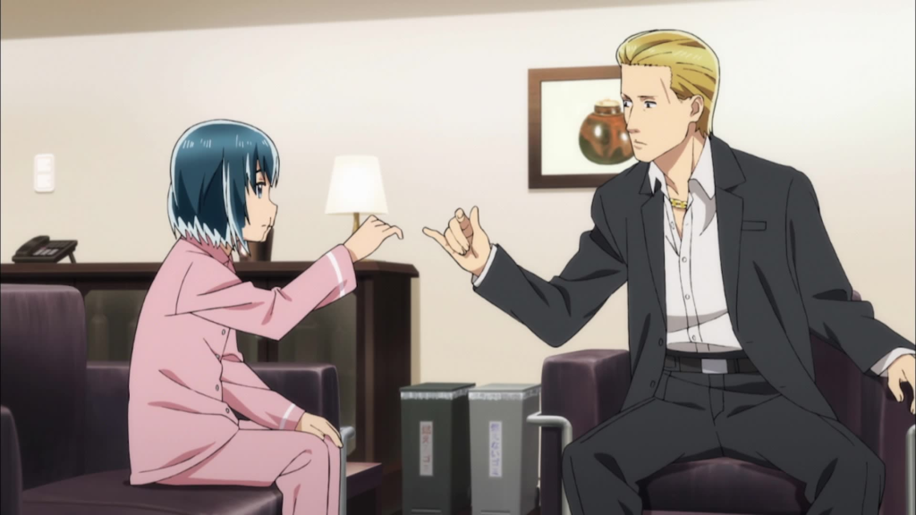 Hina, a girl with psychokinetic powers, making a pinky promise with Yoshifumi Nitta, a member of the yakuza.