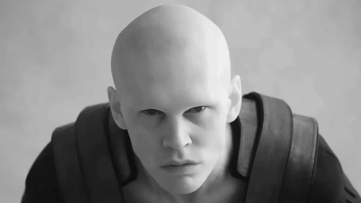 austin butler as bald young man with an intense stare leans forward in black-and-white lighting, wearing dark futuristic armor-like clothing. The close-up composition creates a stark and menacing atmosphere.
