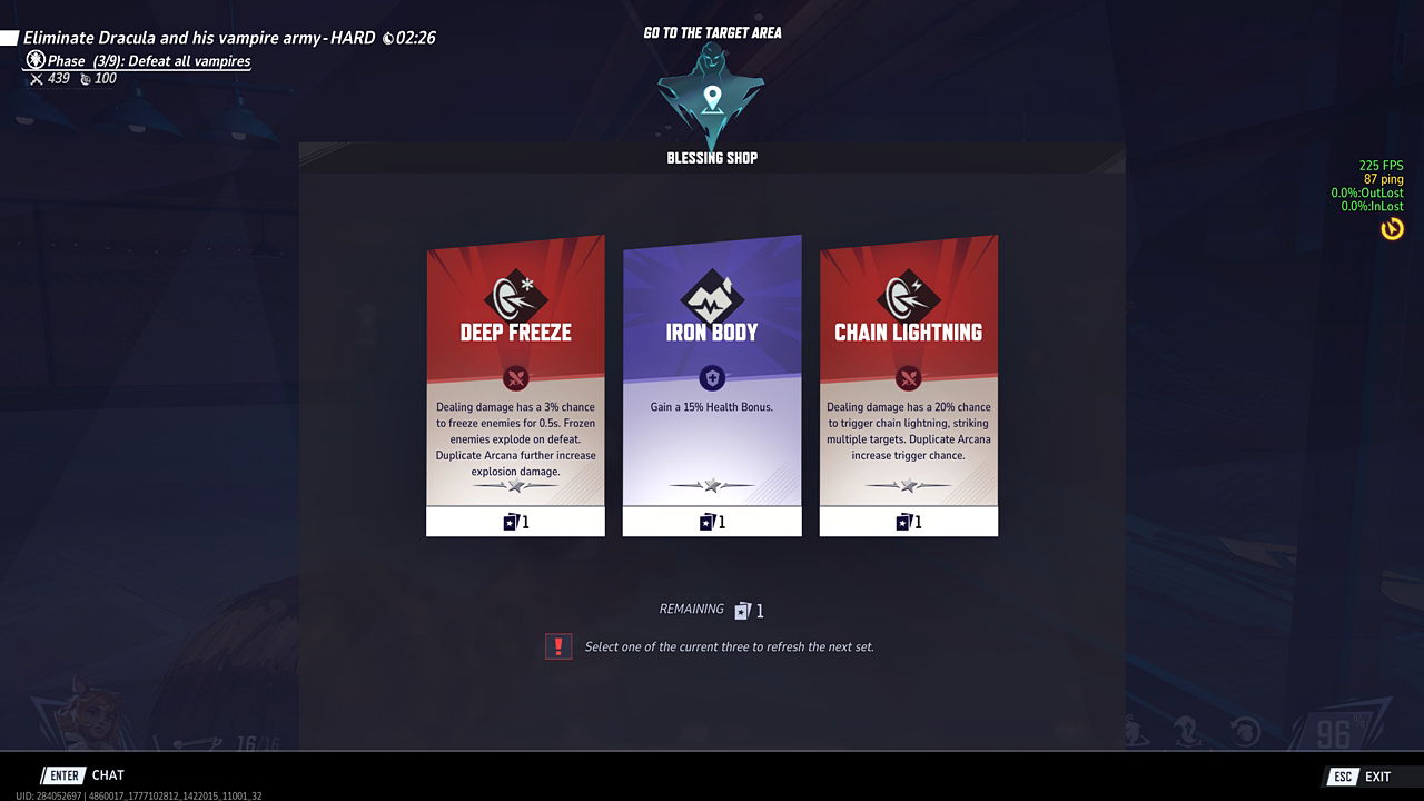 Marvel Rivals Blood Hunt mode gameplay screenshot showing a selection of two offensive and one defensive Arcana card during a run.