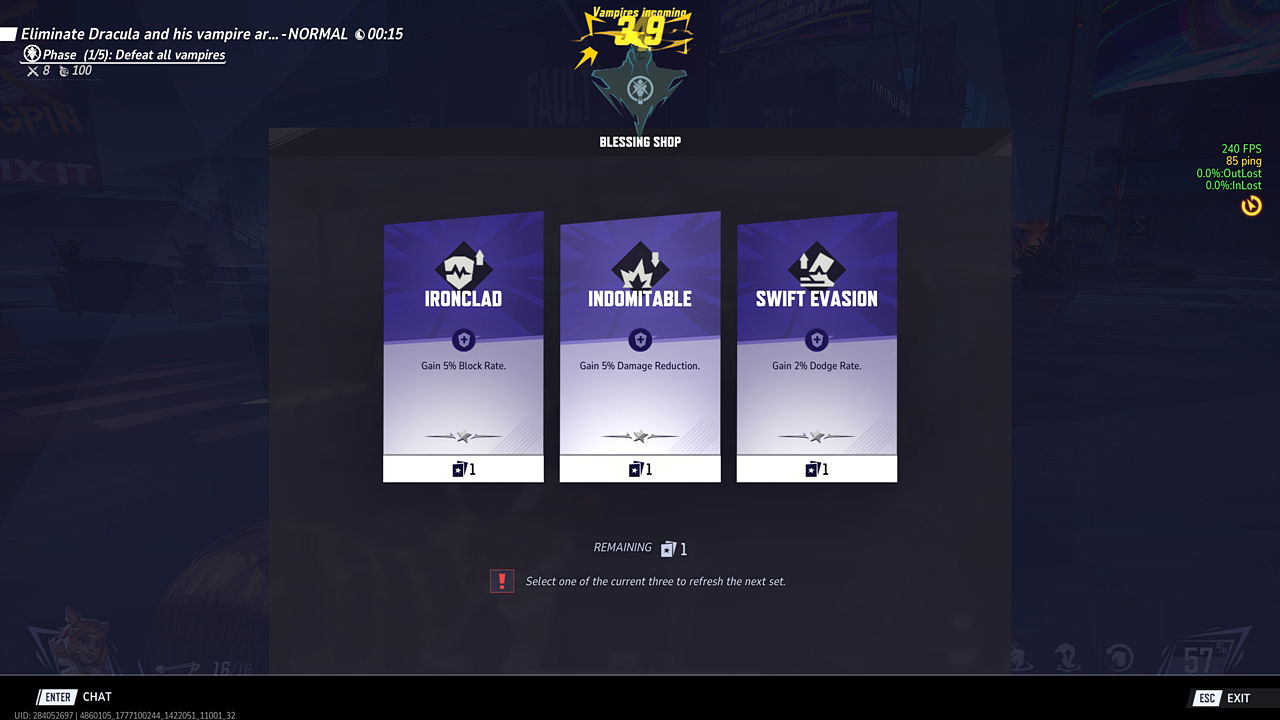 Marvel Rivals Blood Hunt mode gameplay screenshot showing a selection of three defensive Arcana card during a run.