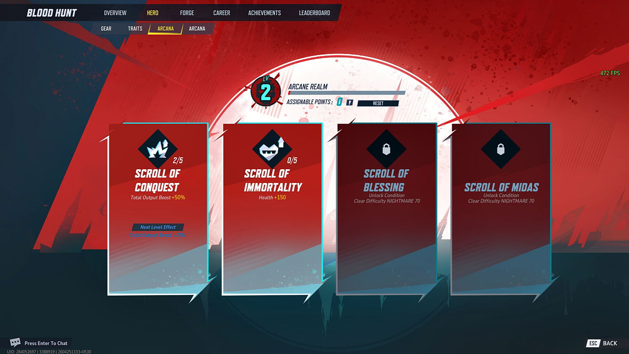 Marvel Rivals Blood Hunt mode screenshot showcasing the Arcana Realm menu.
