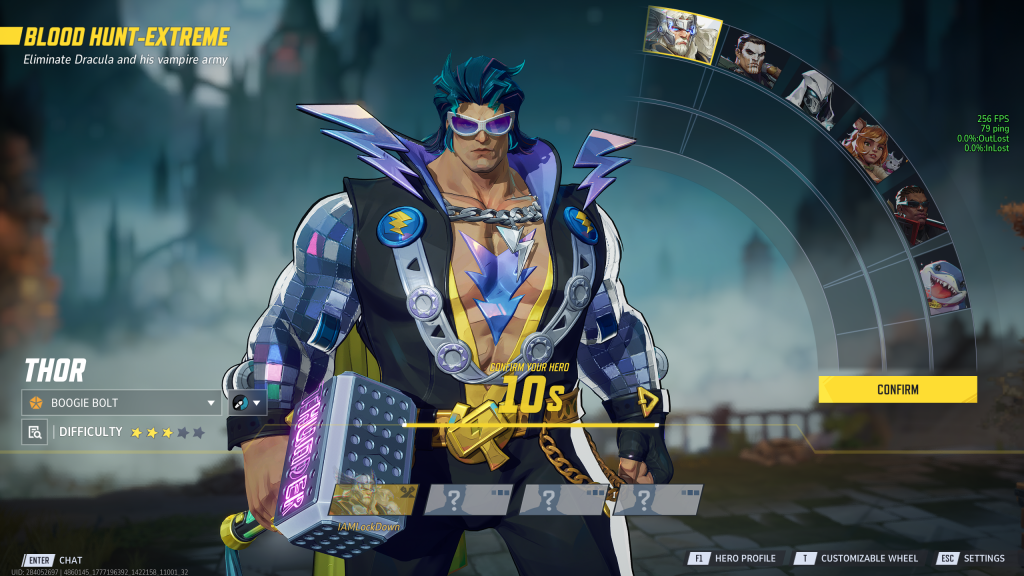 Marvel Rivals Blood Hunt mode hero select screen, featuring Thor.