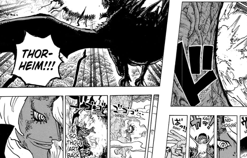 Imu calmly reacts to Loki's dragon form in One Piece Chapter 1181. 