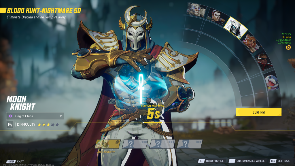 A screenshot of the hero select screen in the Blood Hunt mode of Marvel Rivals, featuring Moon Knight.