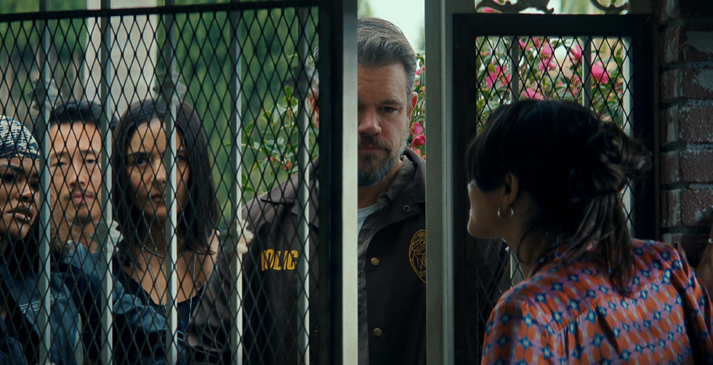 Ben Affleck, Matt Damon, Catalina Sandino Moreno, Steven Yeun, Teyana Taylor, and Sasha Calle in The Rip (2026)