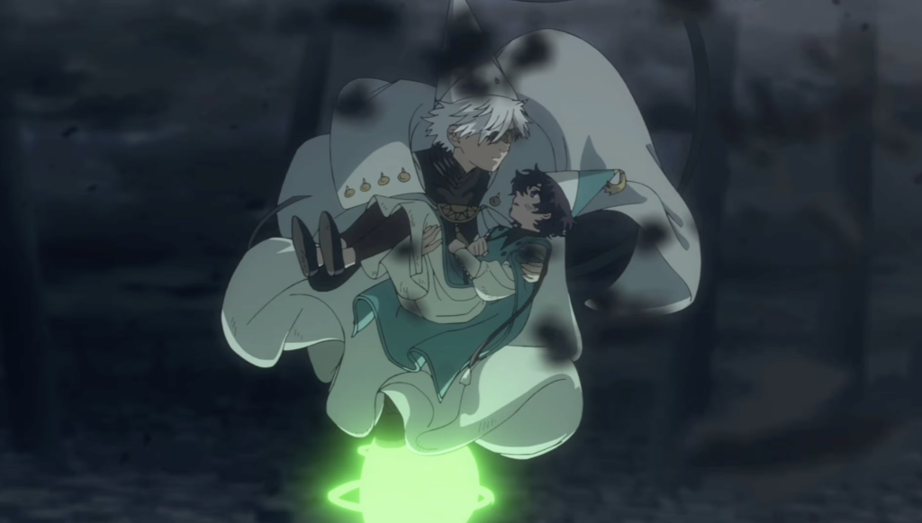 qifrey saves agott from falling and flies carrying him in witch hat atelier episode 5