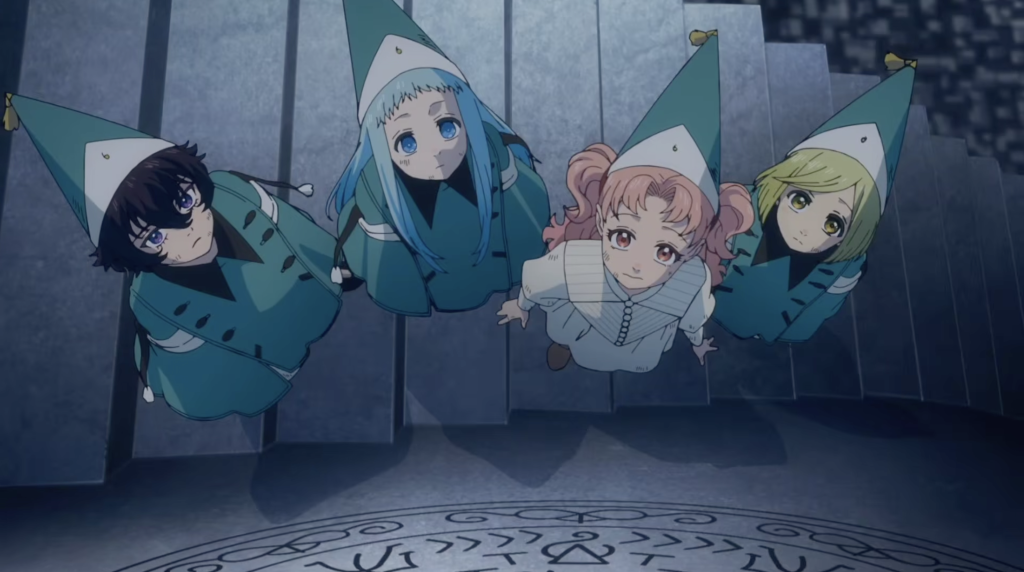 coco, tetia, agott, and tetia looks at the spell drawn on the maze's wall in witch hat atelier episode 5