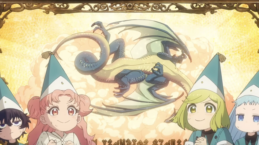 coco, tetia, and tetia looks at the dragon walking towards the cloud cushion they made to distract him in witch hat atelier episode 5