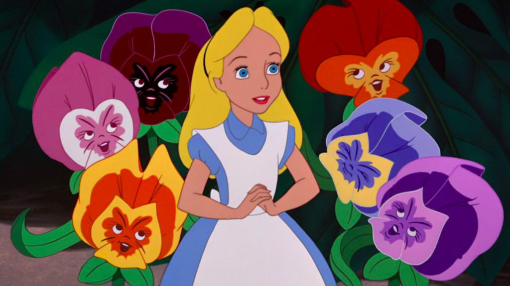 Alice surrounded by flowers