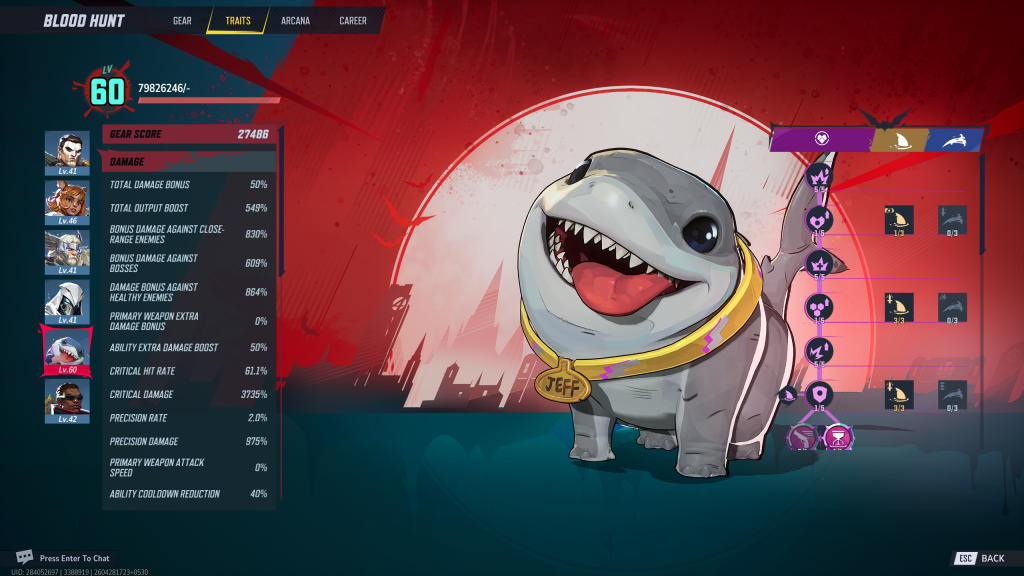 Marvel Rivals Blood Hunt mode screenshot showing the best Traits for hero Jeff the Landshark.