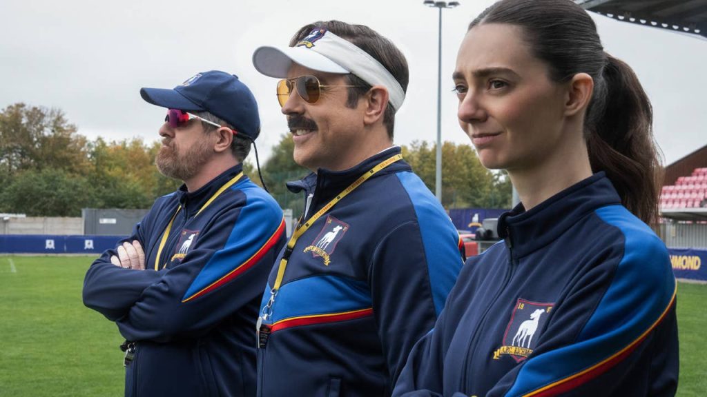 Brendan Hunt, Jason Sudeikis, and Tanya Reynolds in Ted Lasso Season 4