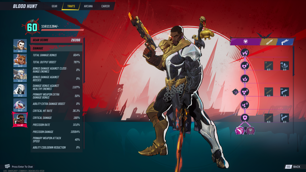 Marvel Rivals screenshot showing the best Ability Traits equipped for Blade in the Blood Hunt preparation menu. 