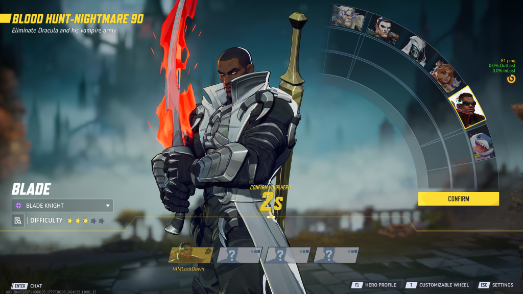 Marvel Rivals screenshot showing the Blood Hunt hero select screen, featuring Blade in his Moon Knight attire.