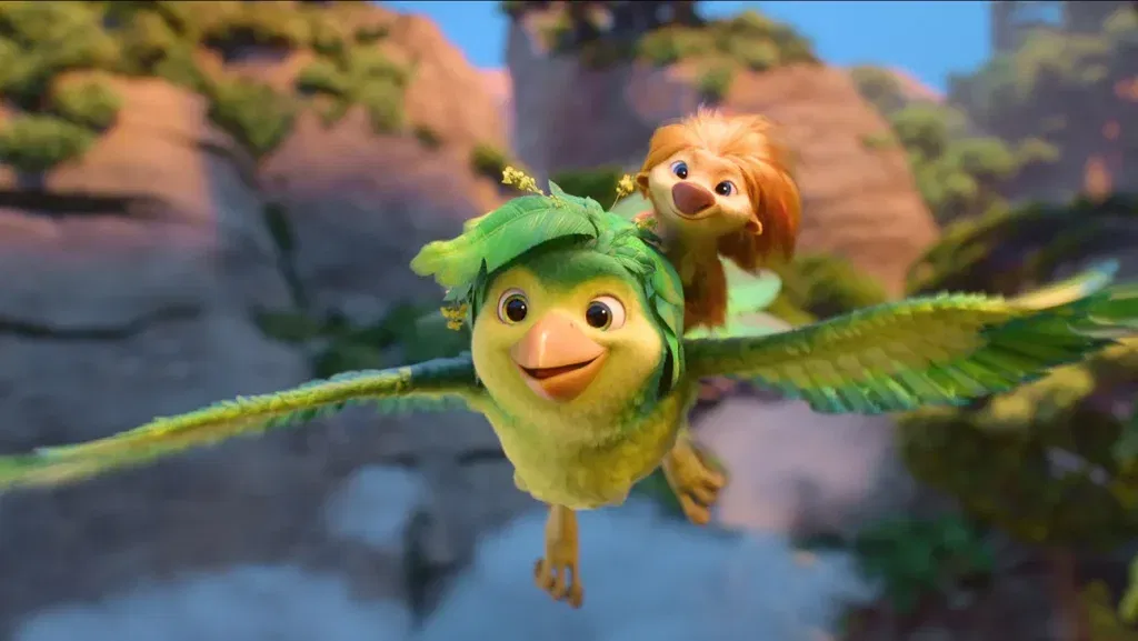 A colorful animated bird flies through a lush canyon while carrying a small furry creature on its back.