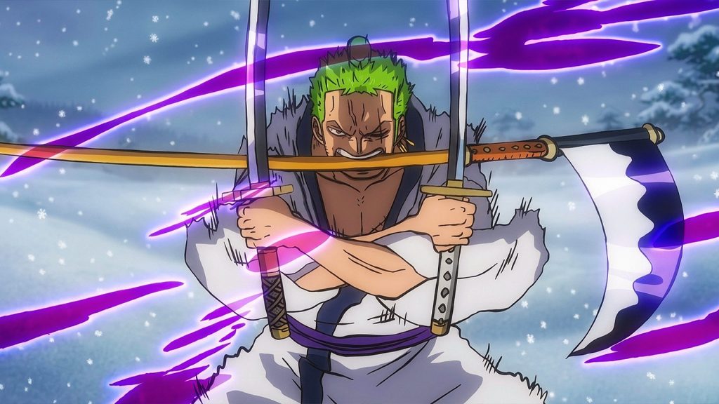 the image shows zoro in middle of a fight from the one piece series