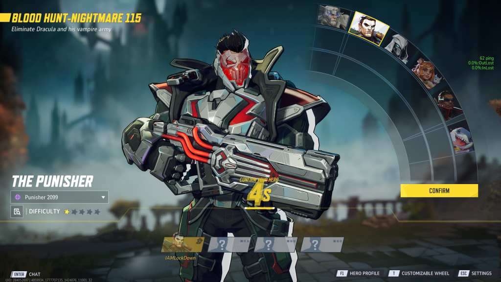 Screenshot of the hero select screen in Marvel Rivals' Blood Hunt mode, featuring The Punisher. 