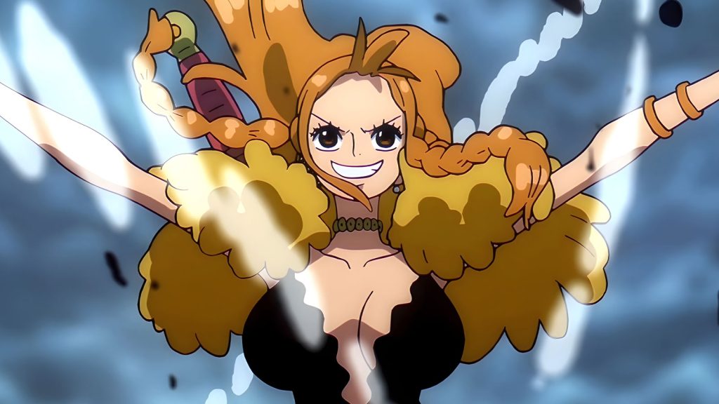 a still shot of Nami smiling with her hands up in the air from One Piece