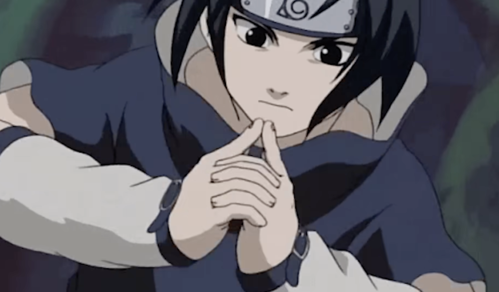 sasuke using hand signs for substitution jutsu in naruto