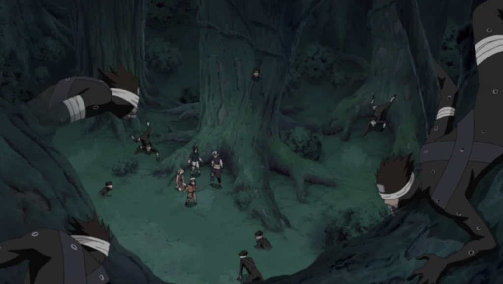 Team Kakashi and Kabuto surrounded by mist servant jutsu in naruto shippuden episode 258