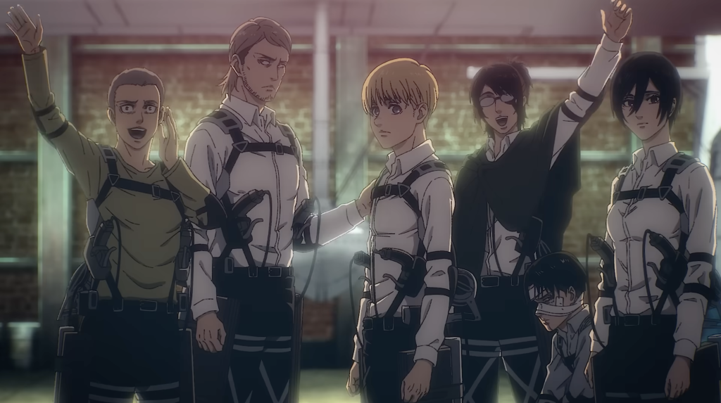 a still shot of colt, falco, and others waving their hands from attack on titan the last attack movie