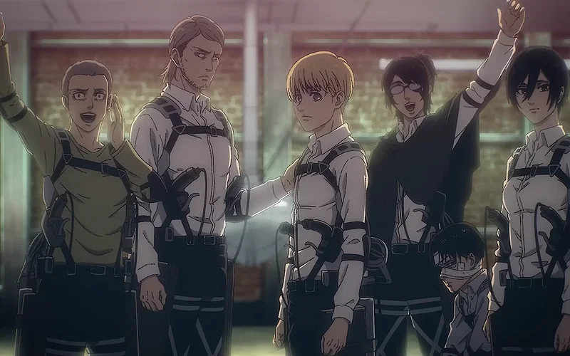 a still shot of colt, falco, and others waving their hands from attack on titan the last attack movie