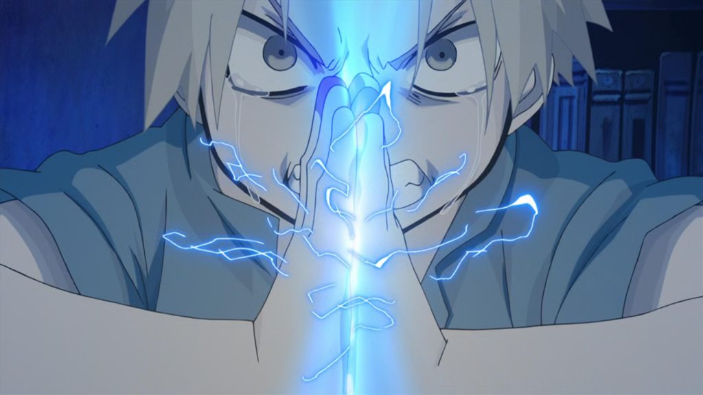 Edward Elric using alchemy as a young child while crying in anger
