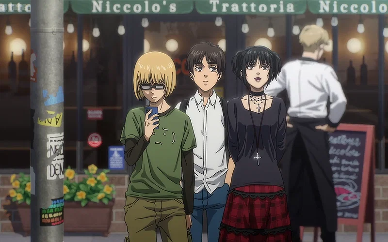 Eren, Mikasa và Armin trong đoạn kết của Attack on Titan: Cuộc tấn công cuối cùng.