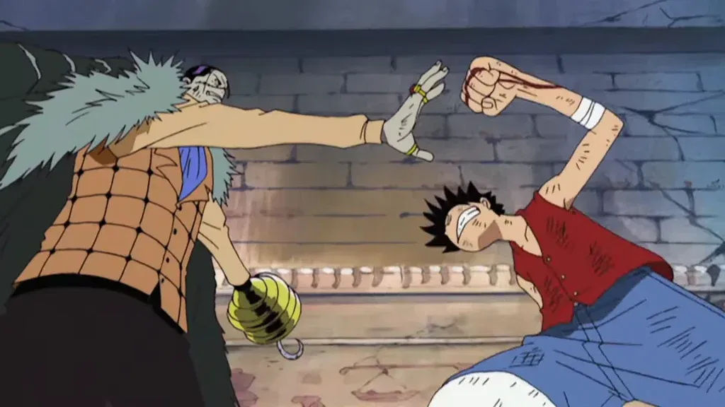 a still from the one piece anime series where crocodile and luffy fights each other