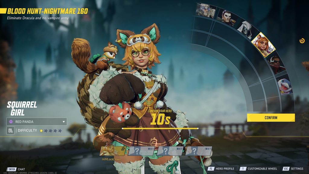 An in-game screenshot of the hero select screen in Marvel Rivals Blood Hunt, featuring Squirrel Girl.