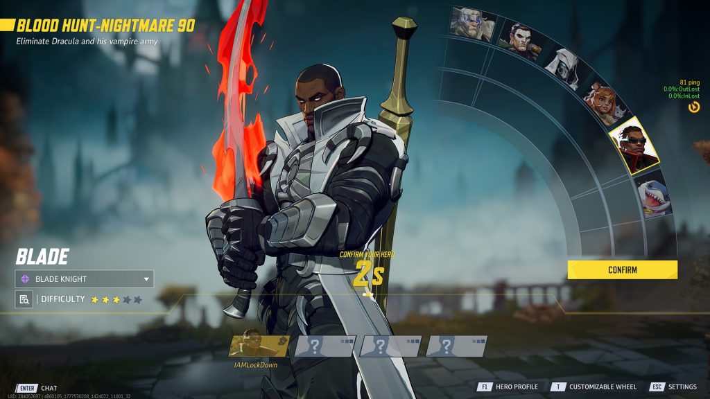 An in-game screenshot of the hero select screen in Marvel Rivals Blood Hunt, featuring Blade.