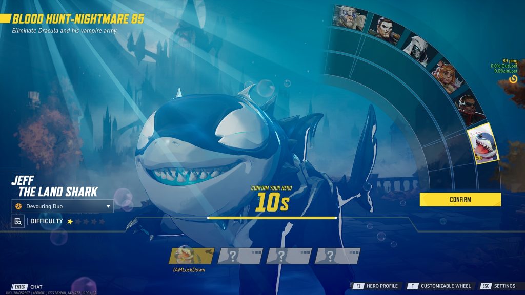 An in-game screenshot of the hero select screen in Marvel Rivals Blood Hunt, featuring Jeff the Land Shark.