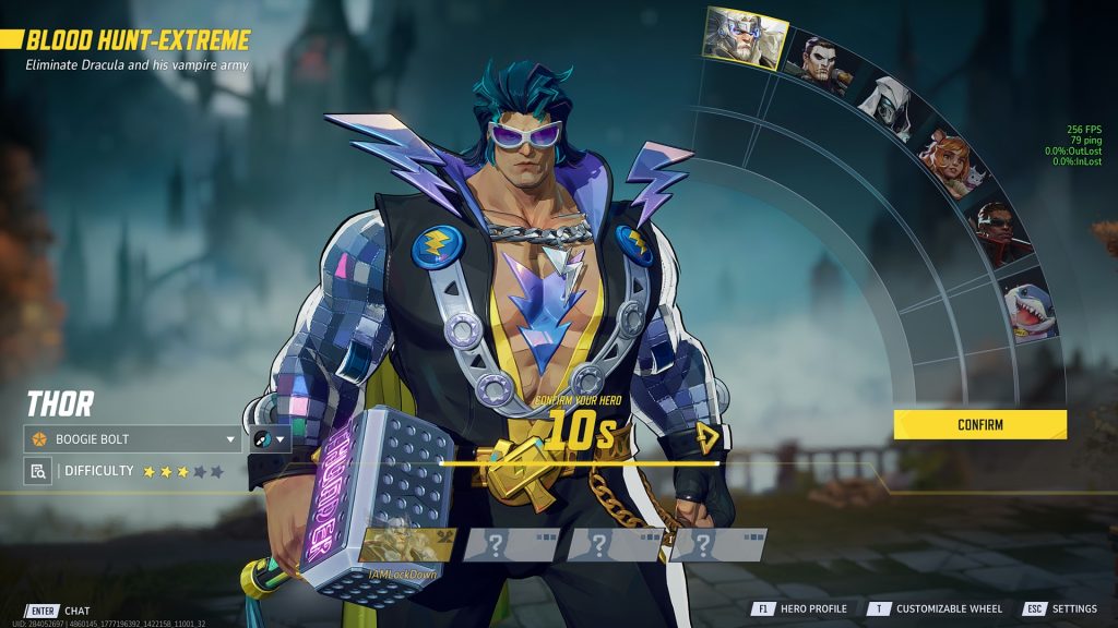 An in-game screenshot of the hero select screen in Marvel Rivals Blood Hunt, featuring Thor. 
