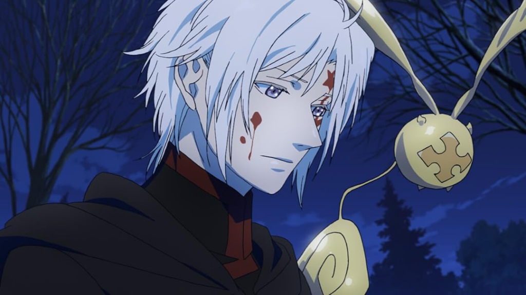 Allen Walker is distinguished by his white hair and a red curse mark on his forehead.