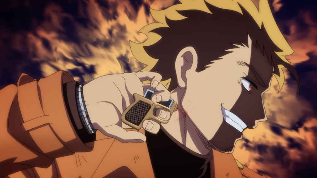 a close up shot of yashiro injecting a drug into his neck to gain powers from scum of the brave anime