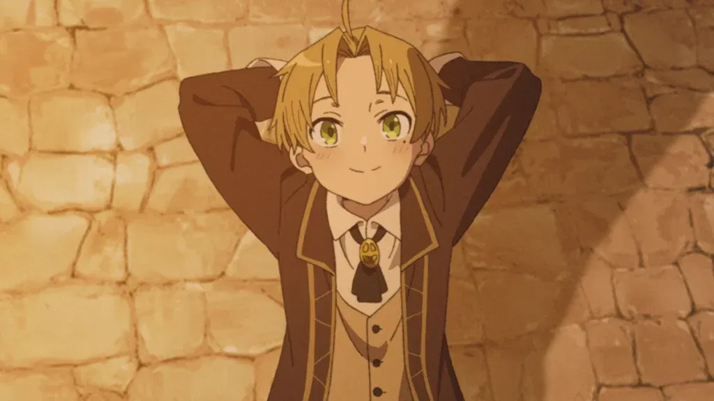 Rudeus smiling while walking in mushoku tensei anime