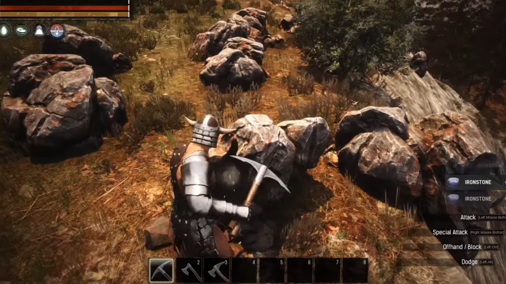 Farming Ironstones with a Pick in Conan Exiles.