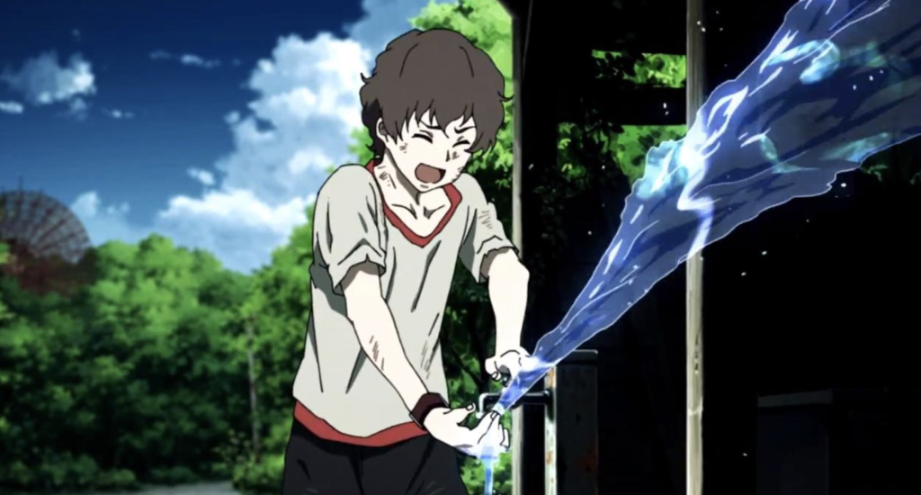 a still shot of twelve trying to hold a water pipe still as the water splashes out in terror in resonance